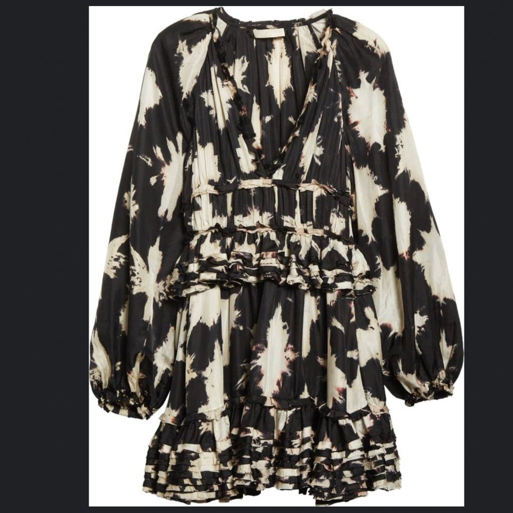 Emery Blouson-Sleeve Shibori Silk Mini Dress Black
